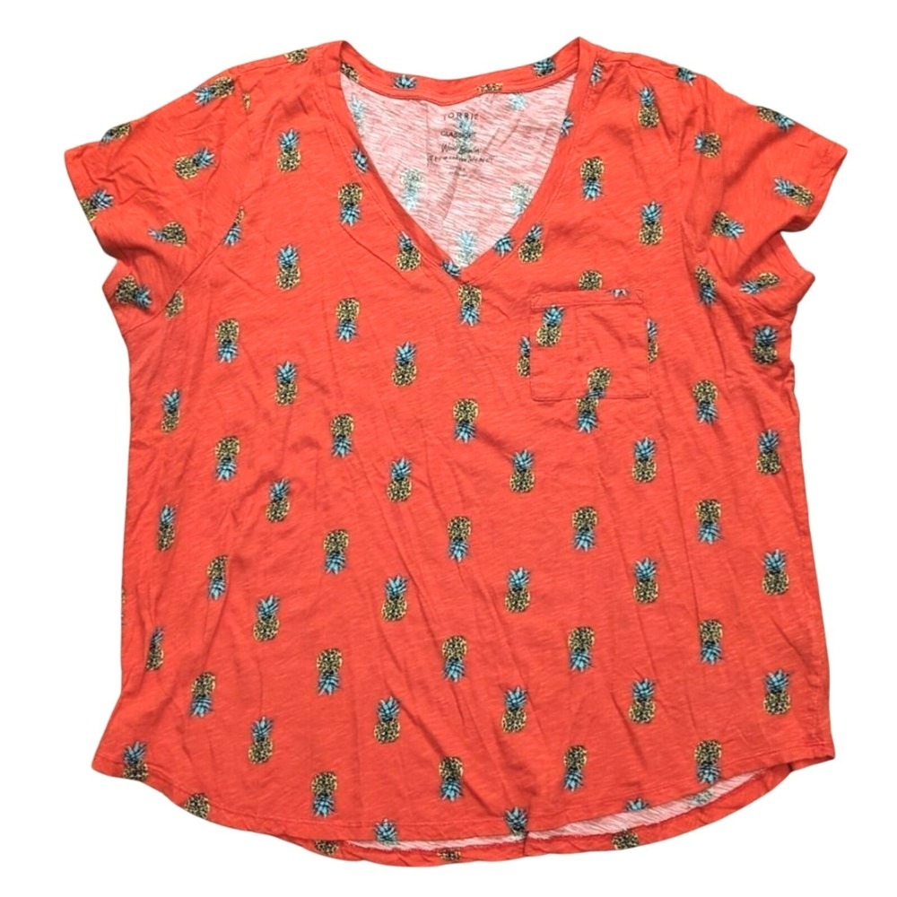 Torrid Plus Size 2X 18 20 Coral Pineapple Print V Neck T Shirt Top